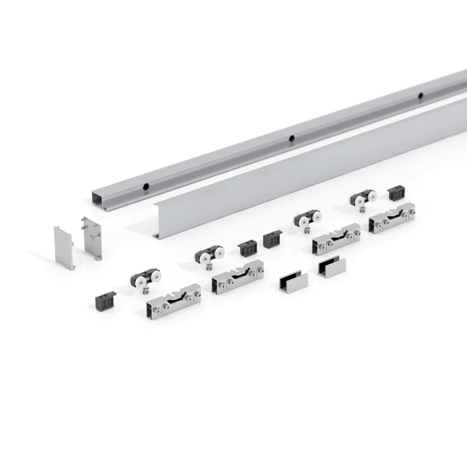 Levidor Doppelglasschiebetür Komplettset: Schienensystem und Zubehörteile aus Aluminium.