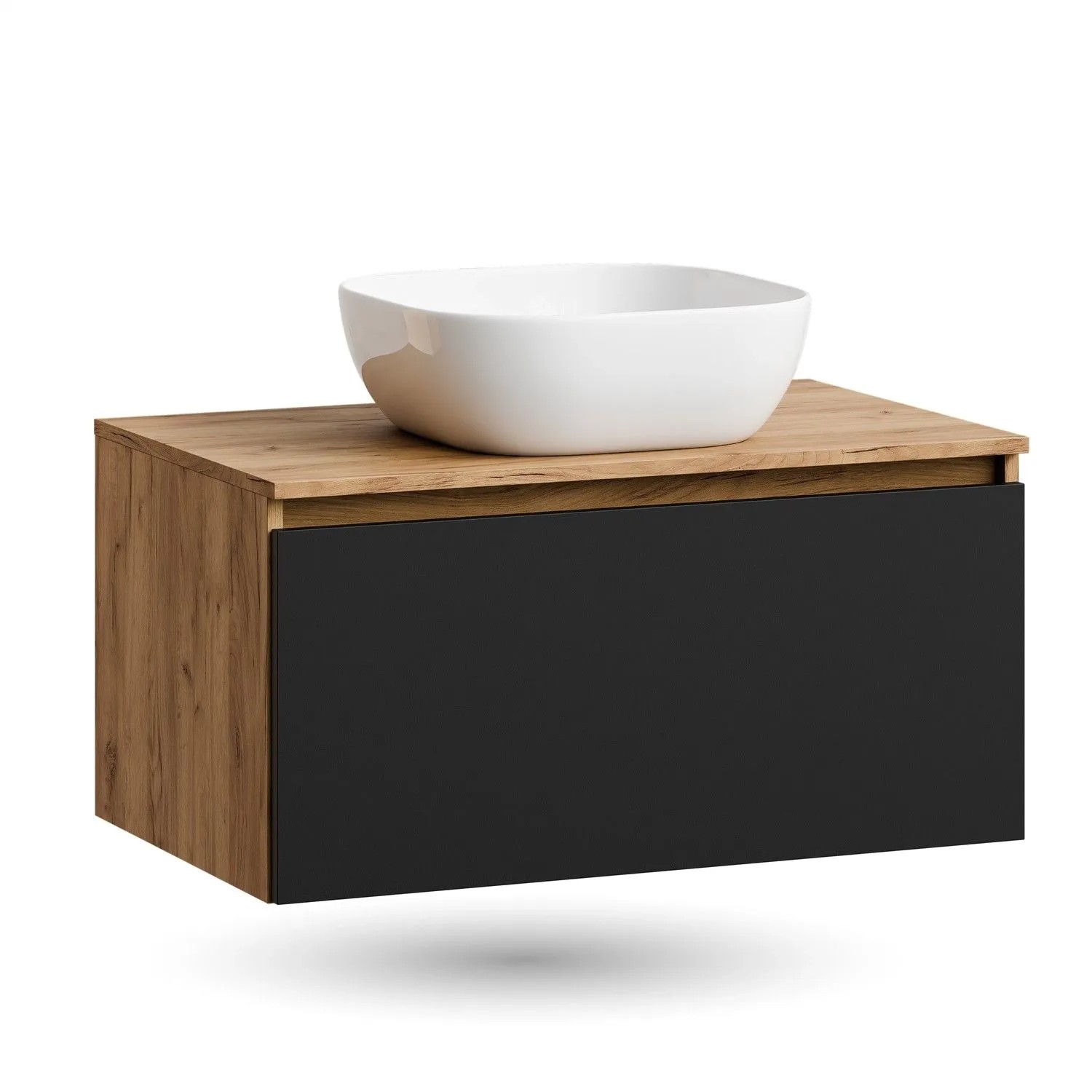Planetmöbel ARISA Waschtischunterschrank 80 cm Schwarz Matt mit Keramik Aufsatzwaschbecken 42 cm Weiß Soft Close