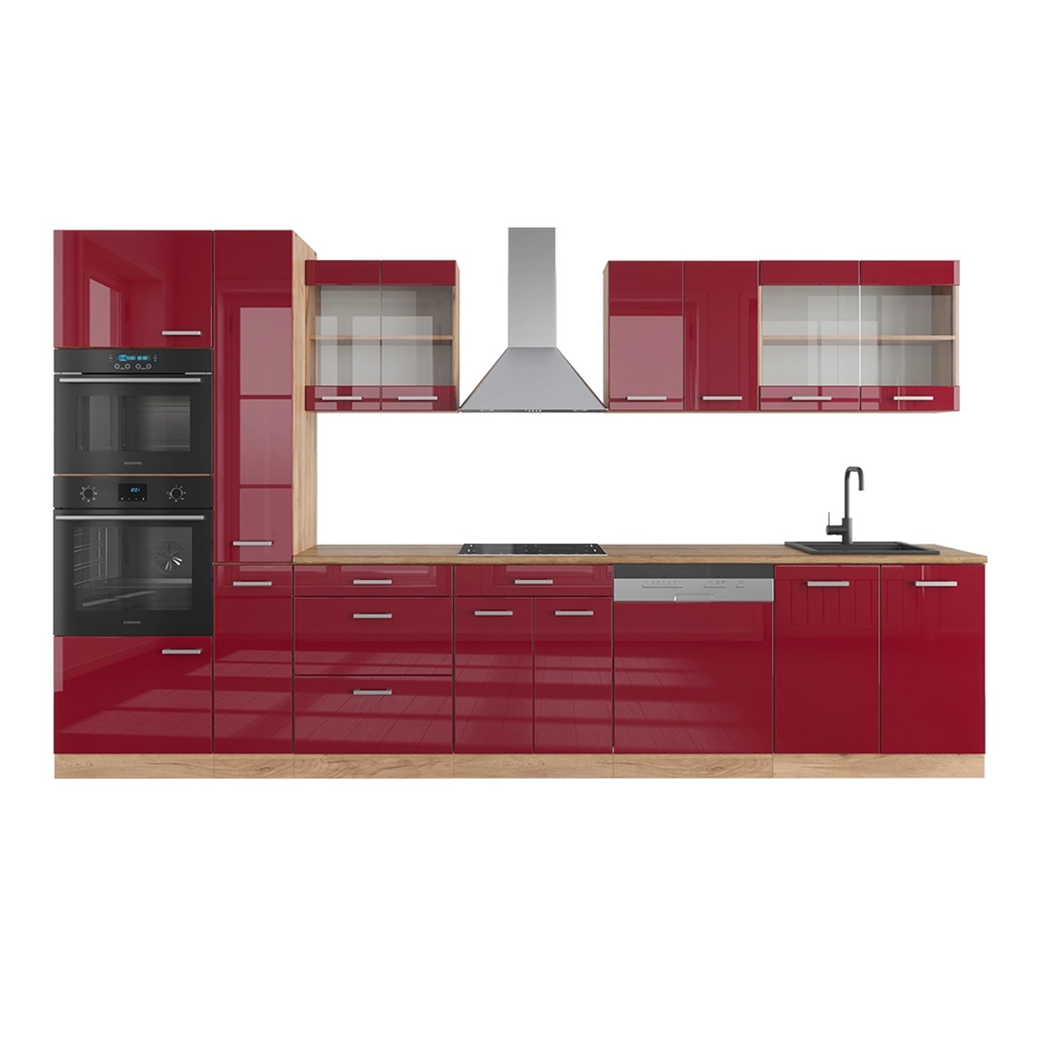 Vicco R-Line Küchenzeile Bordeaux Hochglanz/Goldkraft Eiche 350 cm mit Hoch günstig online kaufen