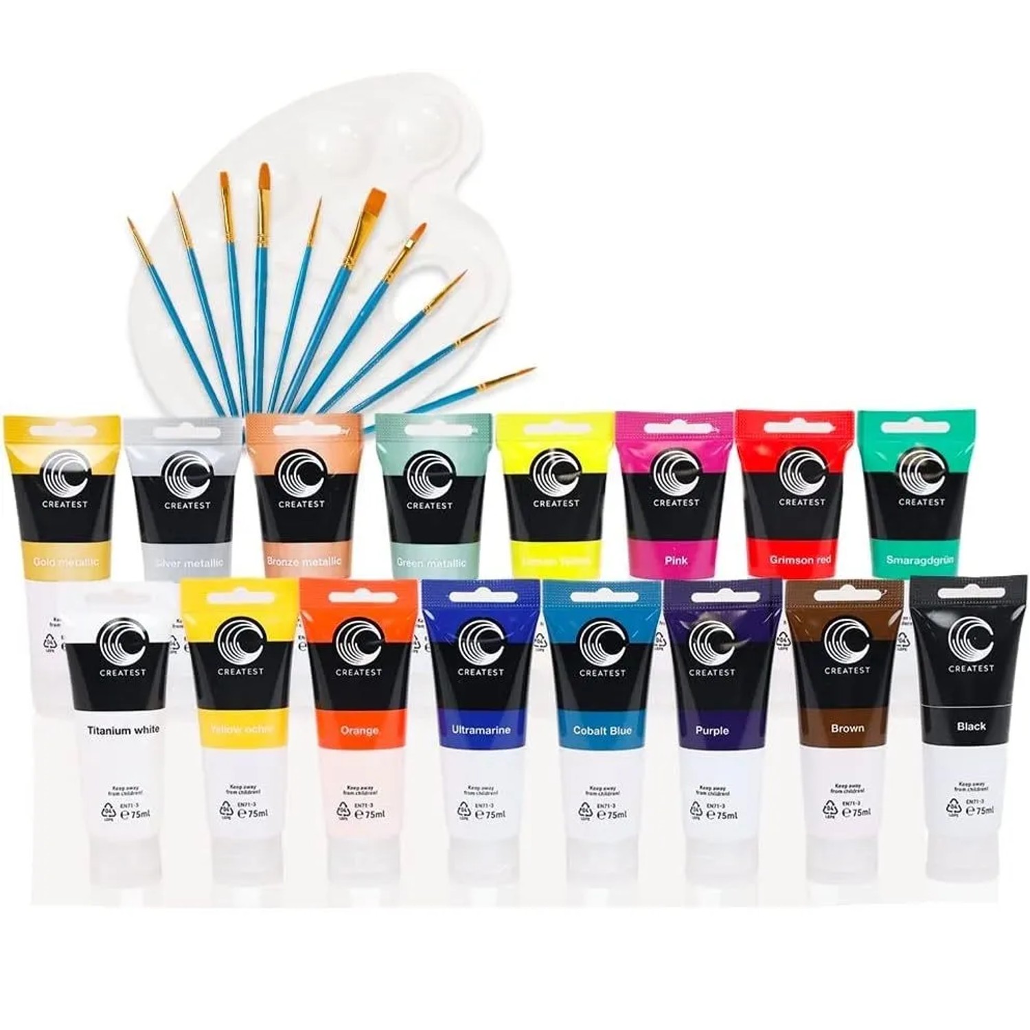CREATEST Acrylfarben-Set 16x75 ml inkl. Pinsel & Mischpalette Wasserfest