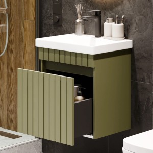 Planetmöbel COSMIA Waschtisch 50 cm Mintgrün Matt mit Keramikwaschbecken Schublade Armatur Matt Schwarz Soft Close
