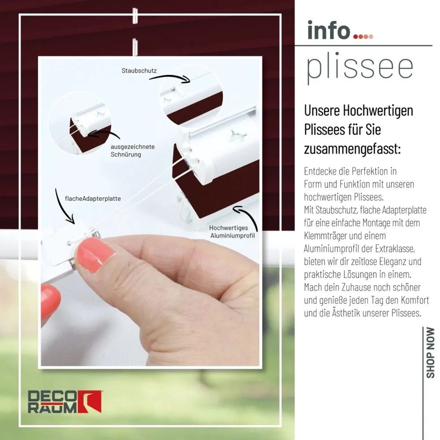 Weinrotes Klemmfix Plissee: Detailansicht der Montage mit Staubschutz, Schnürung und Aluminiumprofil für einfache Befestigung.