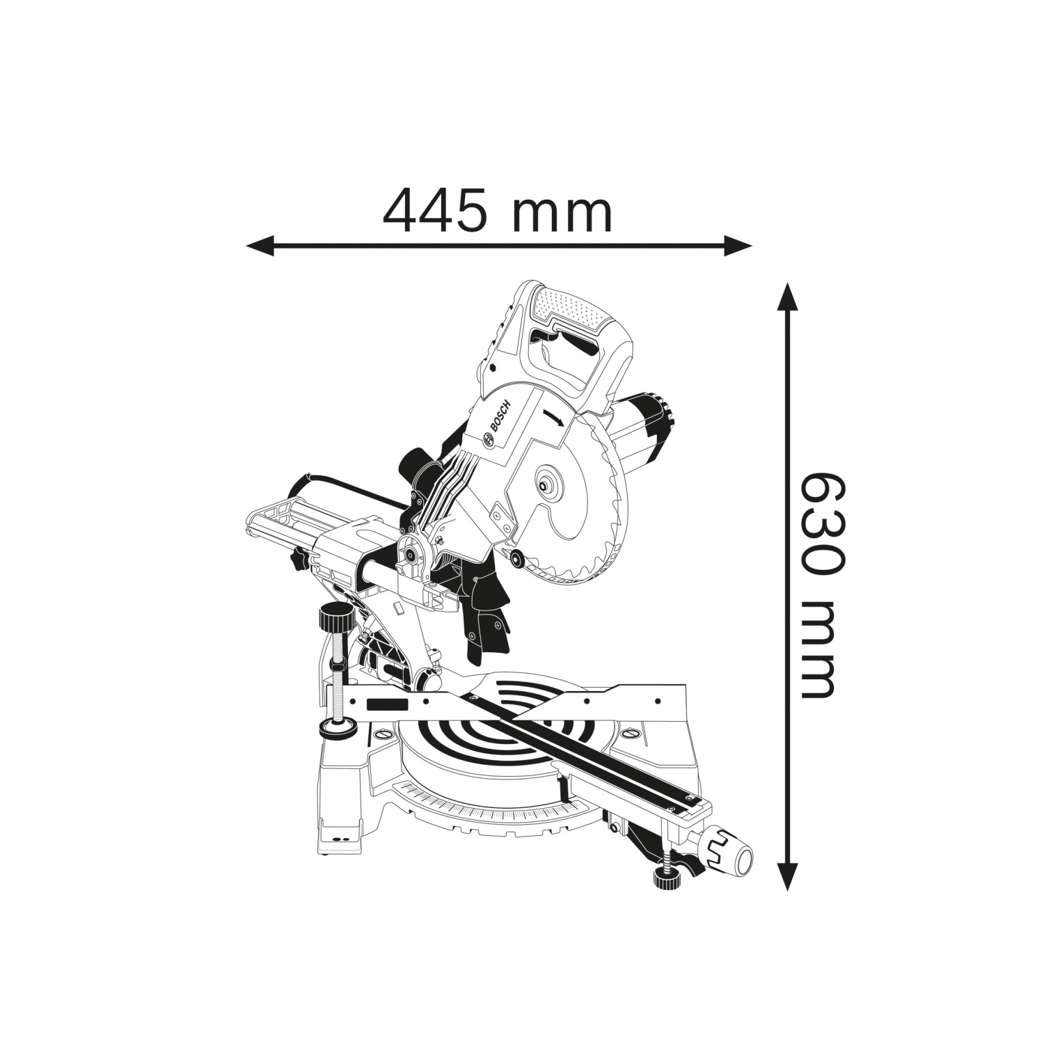 Bosch Professional GCM 80 SJ Paneelsäge mit Maßen 445 x 630 mm, geeignet für präzise Schnitte.