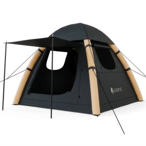 Juskys aufblasbares Zelt EasyFlow L in Dunkelgrau/Khaki mit Vordach für Camping & Outdoor.