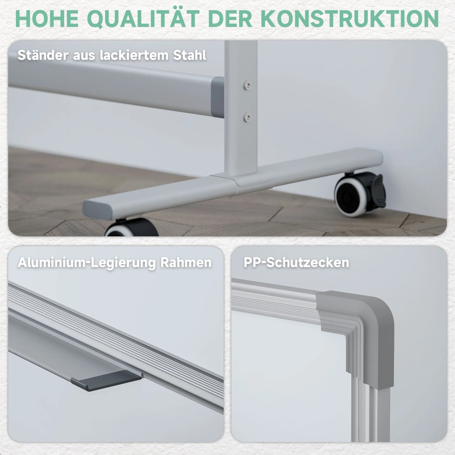Detailansicht: Gestell, Rahmen und Ecken des HOMCOM Whiteboards aus Stahl, Aluminium und Kunststoff.