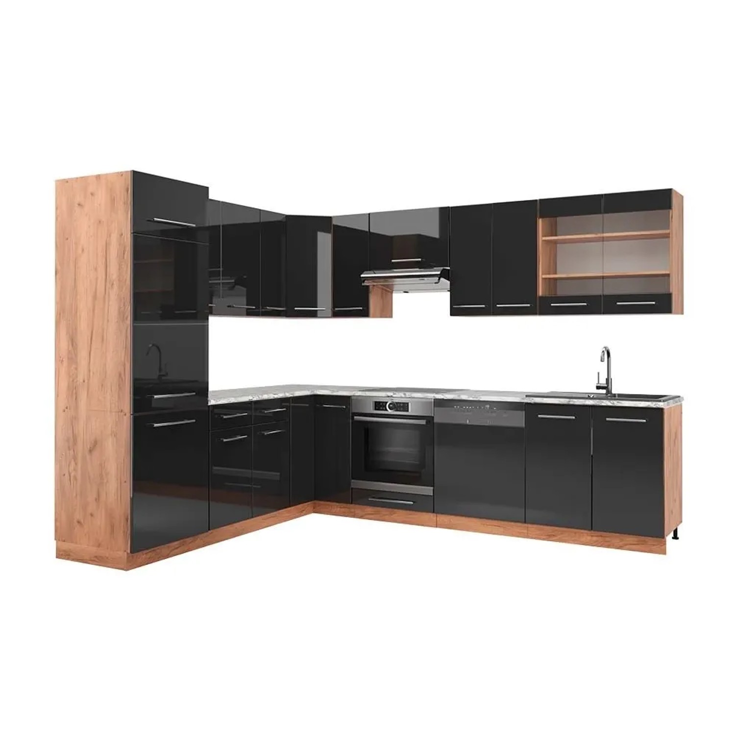 Vicco Eckküche Fame-Line Anthrazit Hochglanz/Goldkraft Eiche 287 x 82, AP Marmor