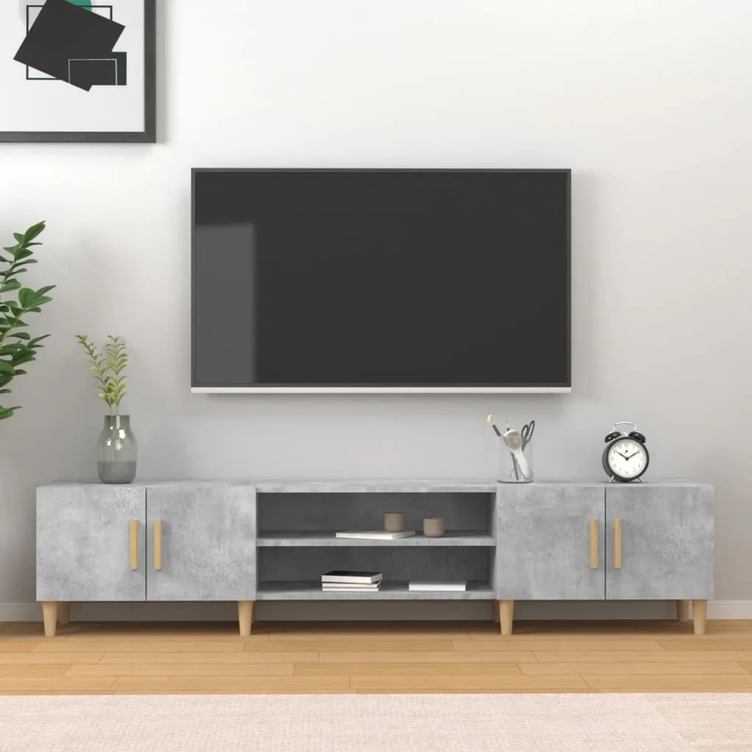 VidaXL TV-Schrank, Betongrau, 180 cm breit. Wohnwand mit Fächern, Türen und Holzbeinen.