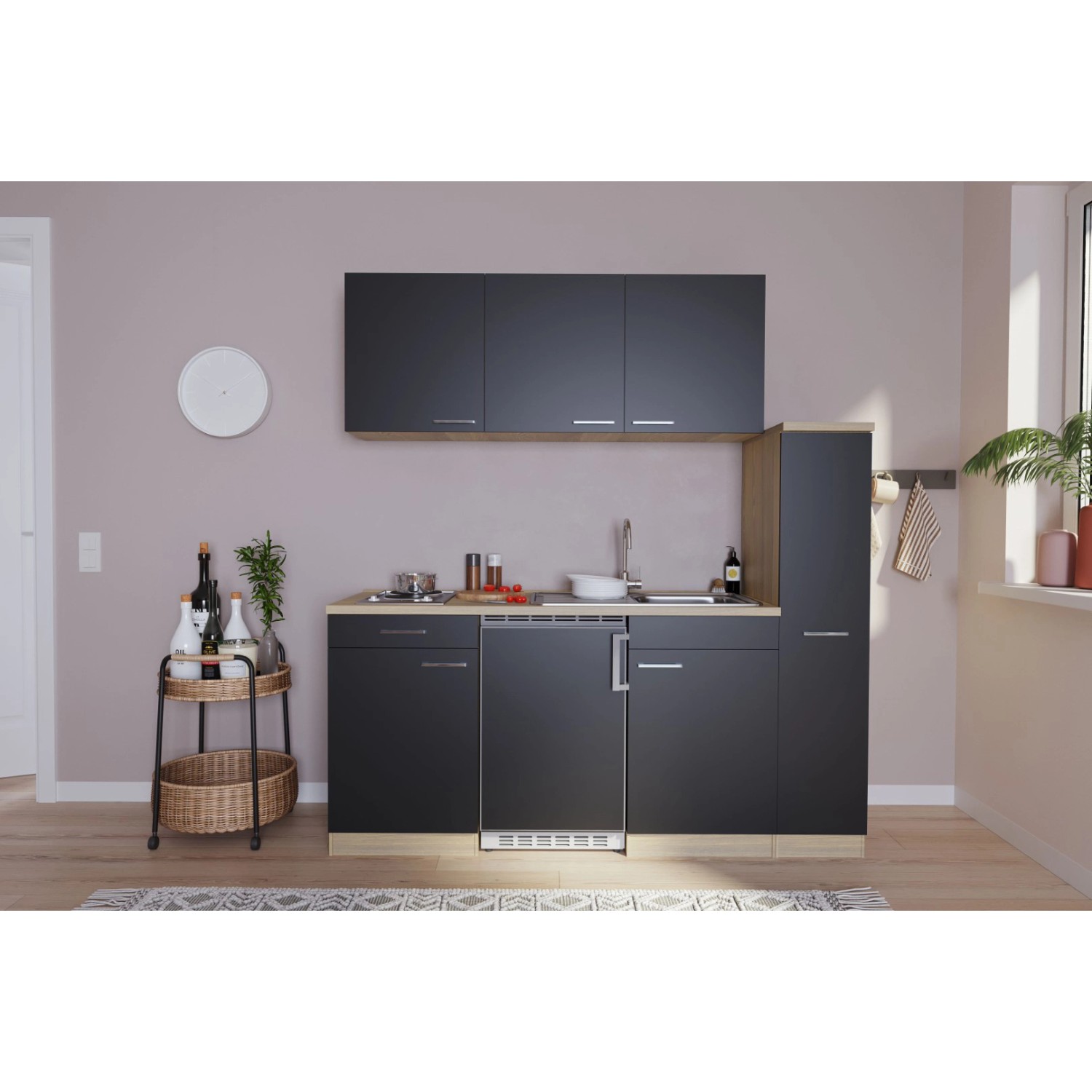 Respekta Küchenzeile KB180ESS 180 cm Schwarz-Eiche Sonoma Sägerau Nachbildung