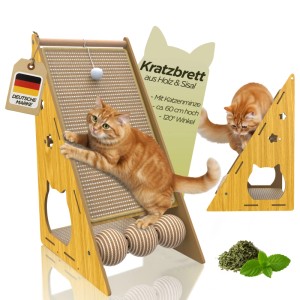 Petsation Kratzbrett: Katze kratzt an Sisal-Brett mit Holzrahmen und Spielzeug.