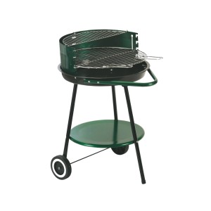 Grüner Holzkohle-Grillwagen mit verchromtem Grillrost, Warmhalterost und Ablagefläche.