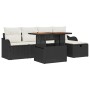 Schwarzes 6-tlg. vidaXL Garten-Sofa-Set aus Poly Rattan mit Tisch und Kissen.
