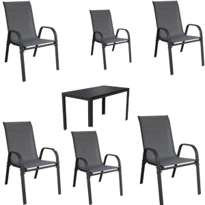 Lex Gartenset, 7-teilig: Gartentisch und 6 Stapelstühle in Schwarz/Anthrazit.