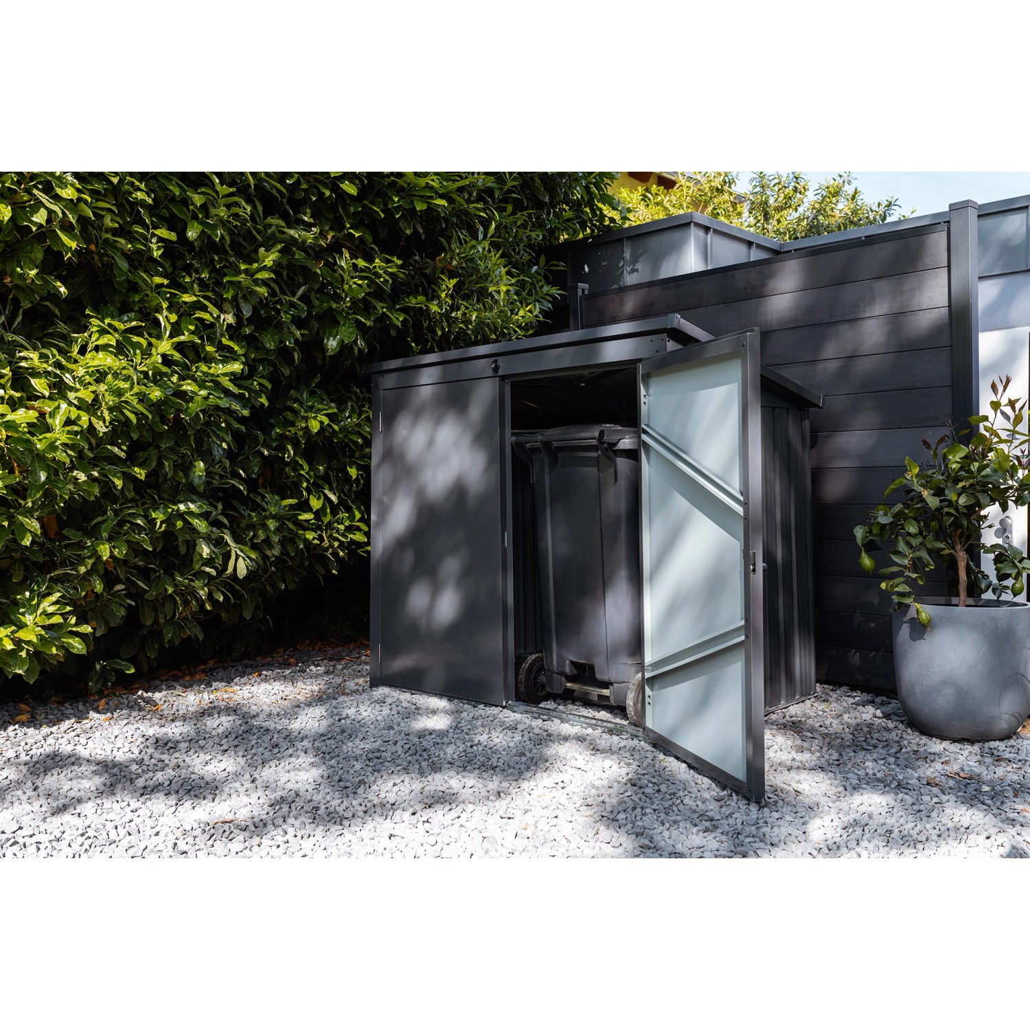Floraworld Mülltonnenbox: Garage für 2 Mülltonnen (240L) aus Stahlblech, anthrazit, mit abschließbarer Tür.
