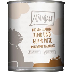 MjAMjAM Katzen-Nassfutter Duo Rind & Pute mit Kürbis, getreidefrei im 800g Napf.