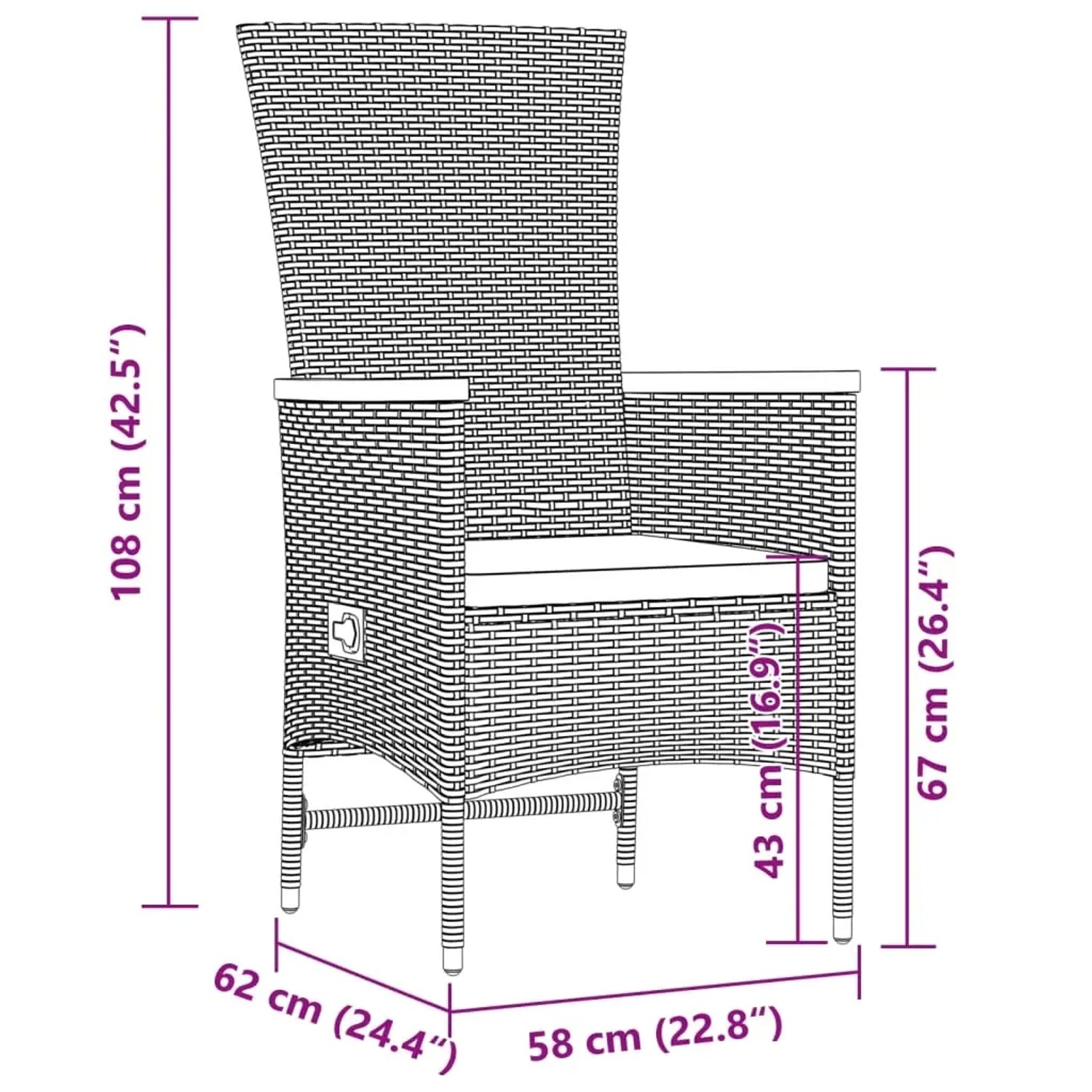 Abbildung eines schwarzen vidaXL Gartenstuhls aus Polyrattan mit Maßen, Teil einer 11-tlg. Essgruppe.