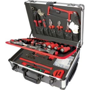 Offener, 299-teiliger LUX Werkzeug-Trolley aus Aluminium mit Werkzeugsortiment.