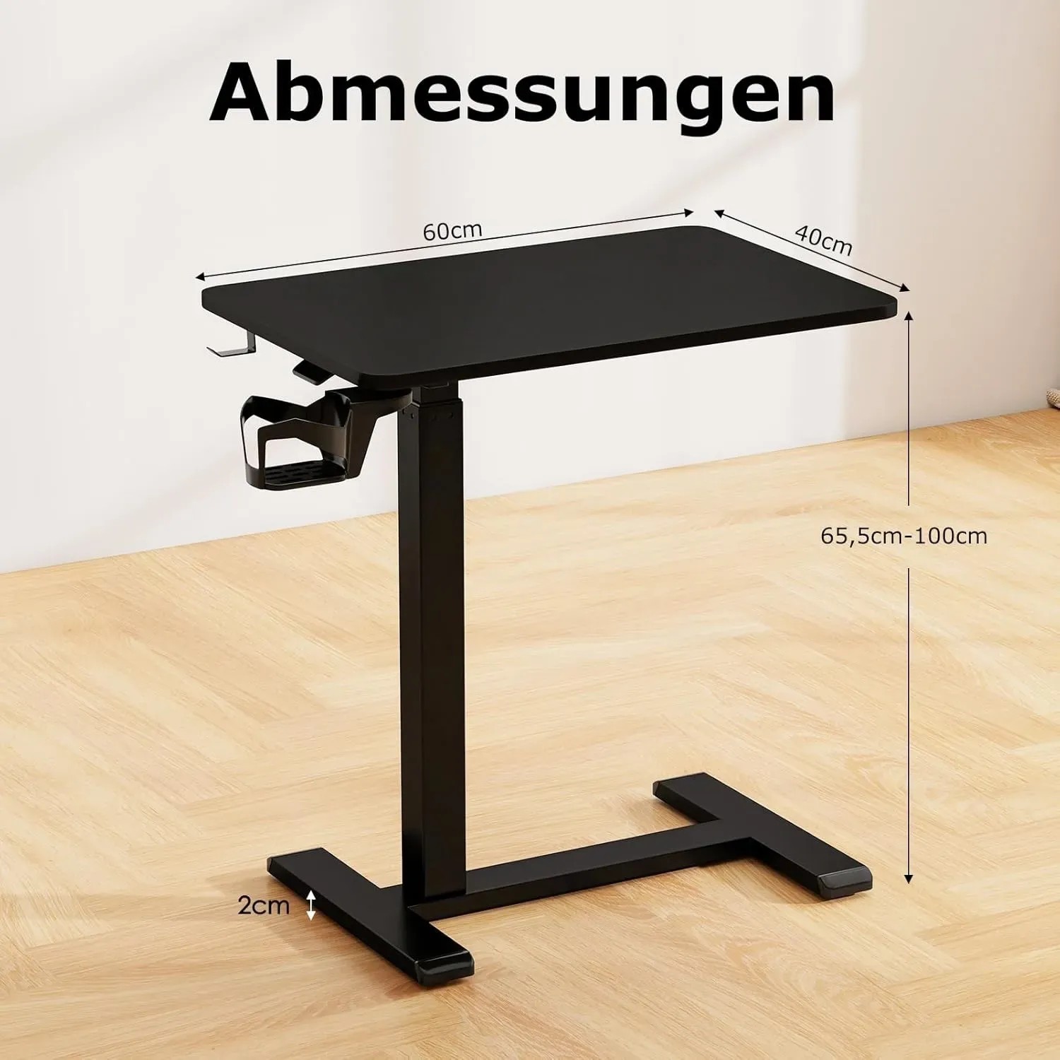 Schwarzer Costway Pflegetisch/Betttisch mit Rollen und Getränkehalter, höhenverstellbar.