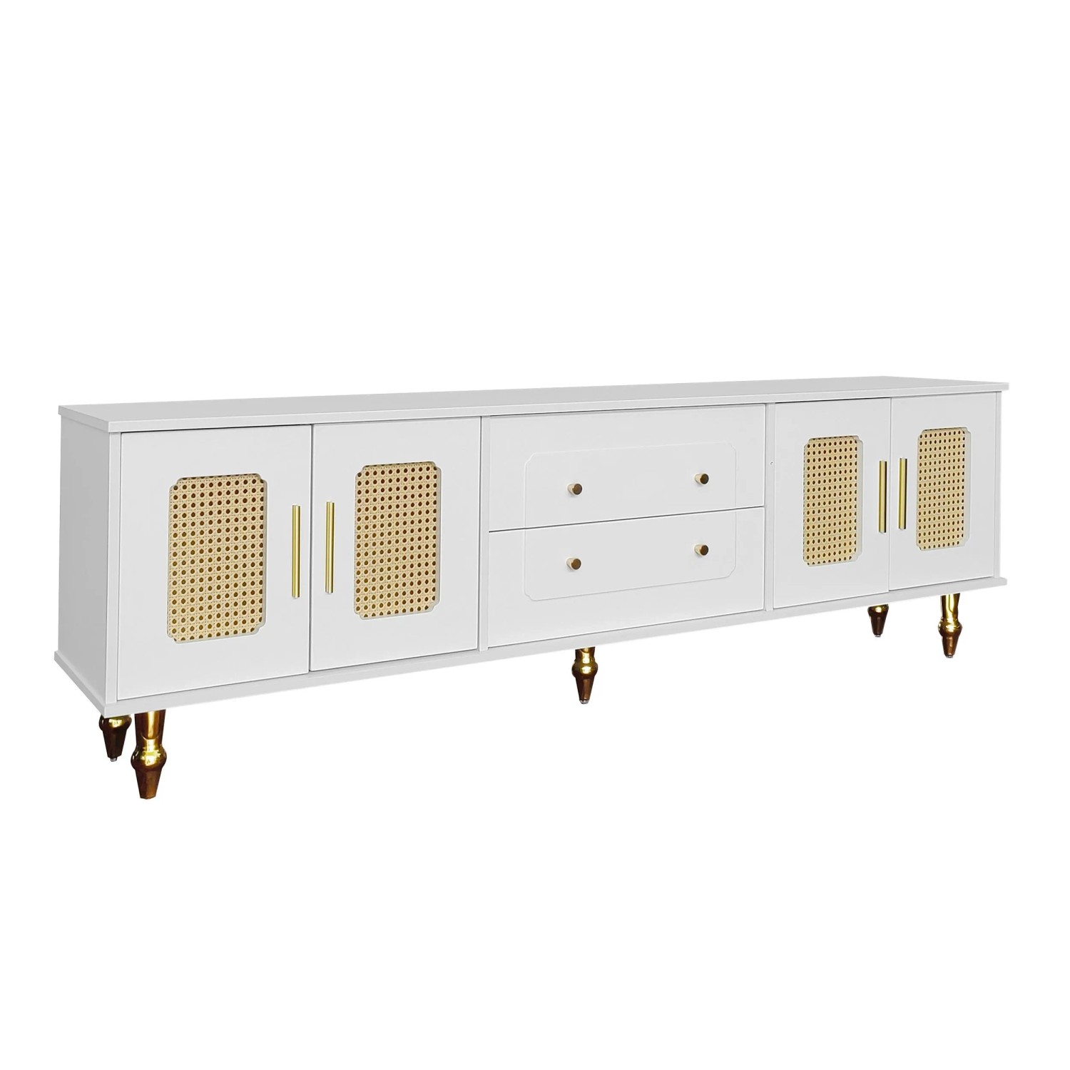 okwish TV Schrank mit Retro Glastür Gold Griffen Massivholz Beinen Stauraum 175x38x55.5cm Weiß