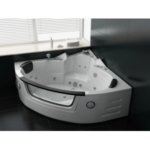 Weißer Eckwhirlpool Villa Carlotta 140cm mit Sichtfenster, Heizung, LED-Beleuchtung und Massagedüsen für 2 Personen.