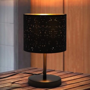NETTLIFE Vintage Nachttischlampe mit leuchtendem Sternenhimmel-Stoffschirm in Schwarz-Gold, E27 Fassung.