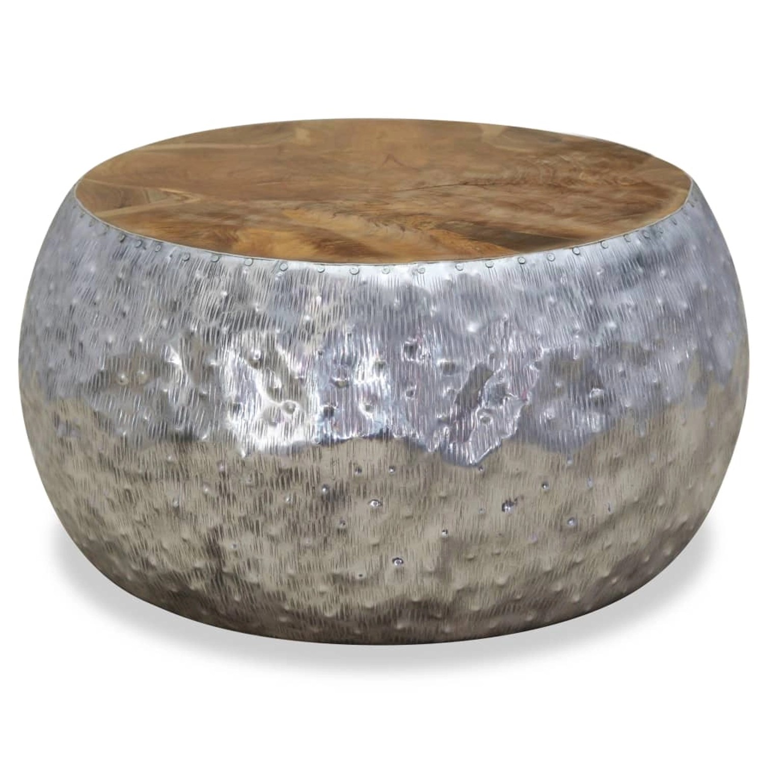 Runder Couchtisch vidaXL aus Aluminium und Teakholz, 60x60x30 cm.
