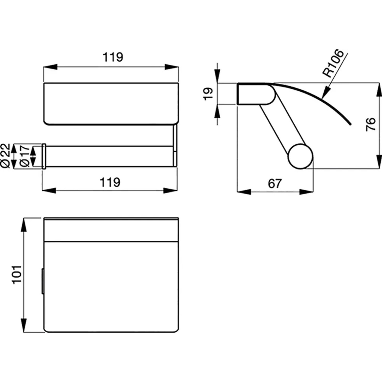 Technische Zeichnung: Ideal Standard Connect Toilettenpapierhalter Chrom mit Maßen.