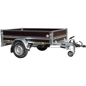 Stema Holzanhänger HZ 10-20-12.1: Gebremster Autoanhänger mit Holzwänden und Stützrad.