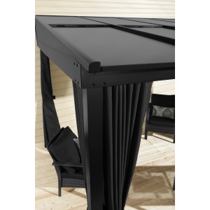 Detailansicht der anthrazitfarbenen Sojag Terrassenüberdachung St. Barth mit Vorhängen.