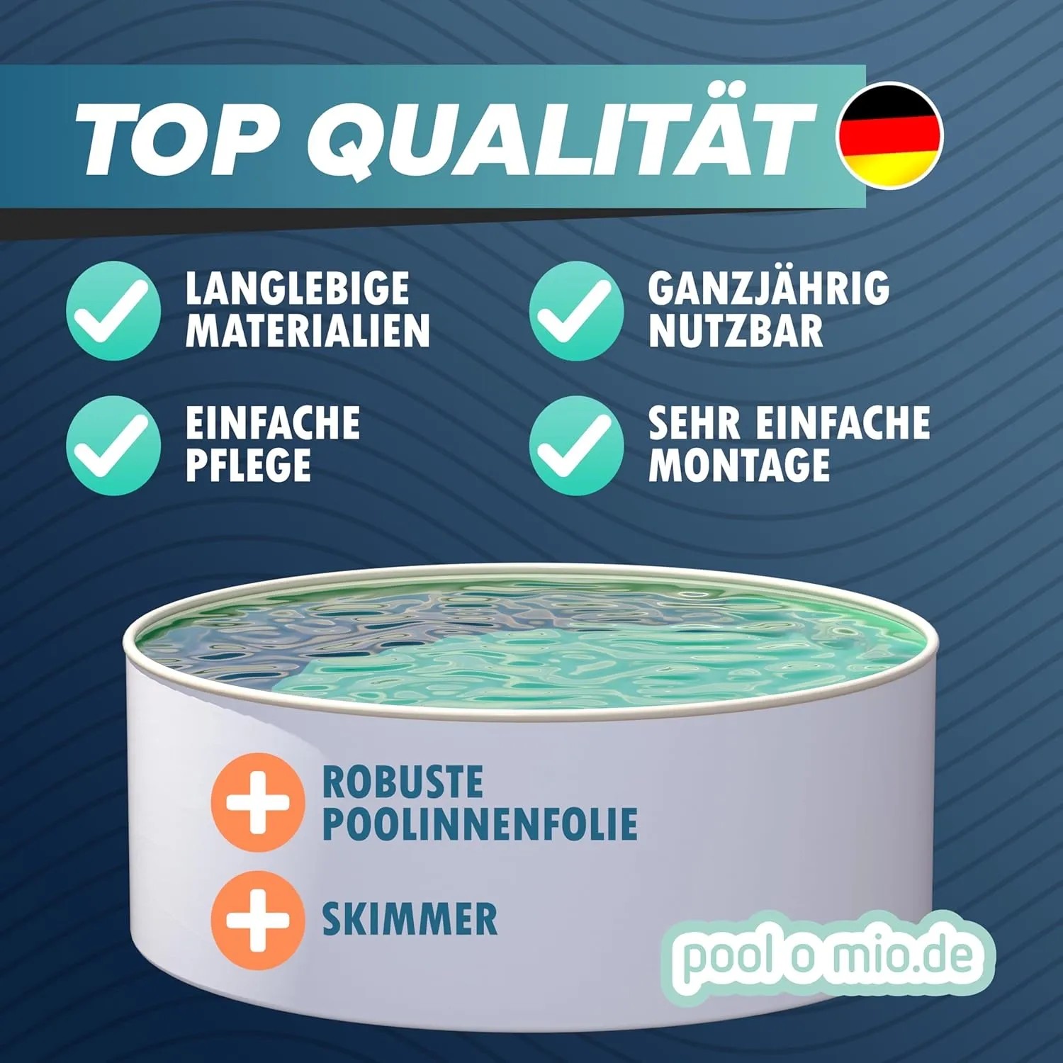 Runder Poolomio Stahlwandpool 500x150 cm mit Skimmer und Innenfolie. Aufstellpool für Garten und Terrasse.