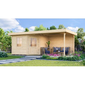 Weka Saunahaus Salo Sparset mit Anbau und Sichtschutzwand, naturbelassen.