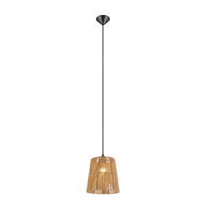 Pendelleuchte Holm: schwarzes Kabel, brauner Schirm aus geflochtenem Papier im Boho-Stil. E27 Fassung.