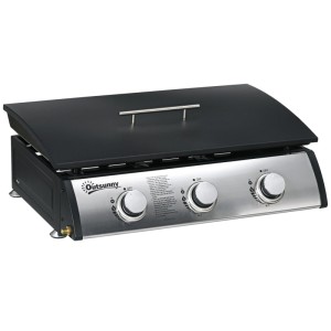 Outsunny Gasgrill aus Edelstahl mit Deckel, drei Brenner und schwarzem Gehäuse.