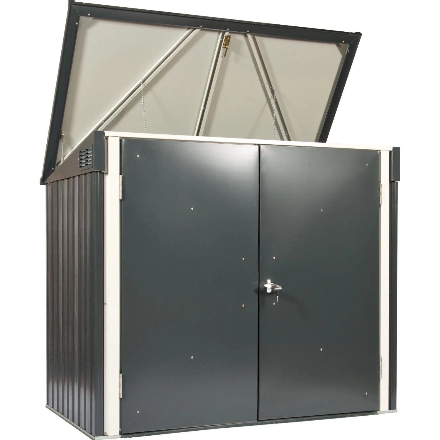 Duramax Mülltonnenbox, 154,2x130,5x96cm, Anthrazit/Weiß, mit geöffnetem Deckel. Mülltonnen Aufbewahrung.