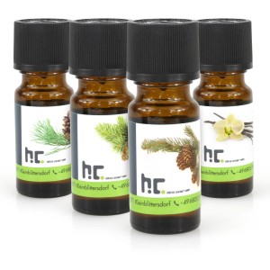Höfer Chemie Duftöl-Set Nr. 4: 4 Duftöle (Kiefer, Konifere, Fichte, Vanille) in braunen Glasflaschen.