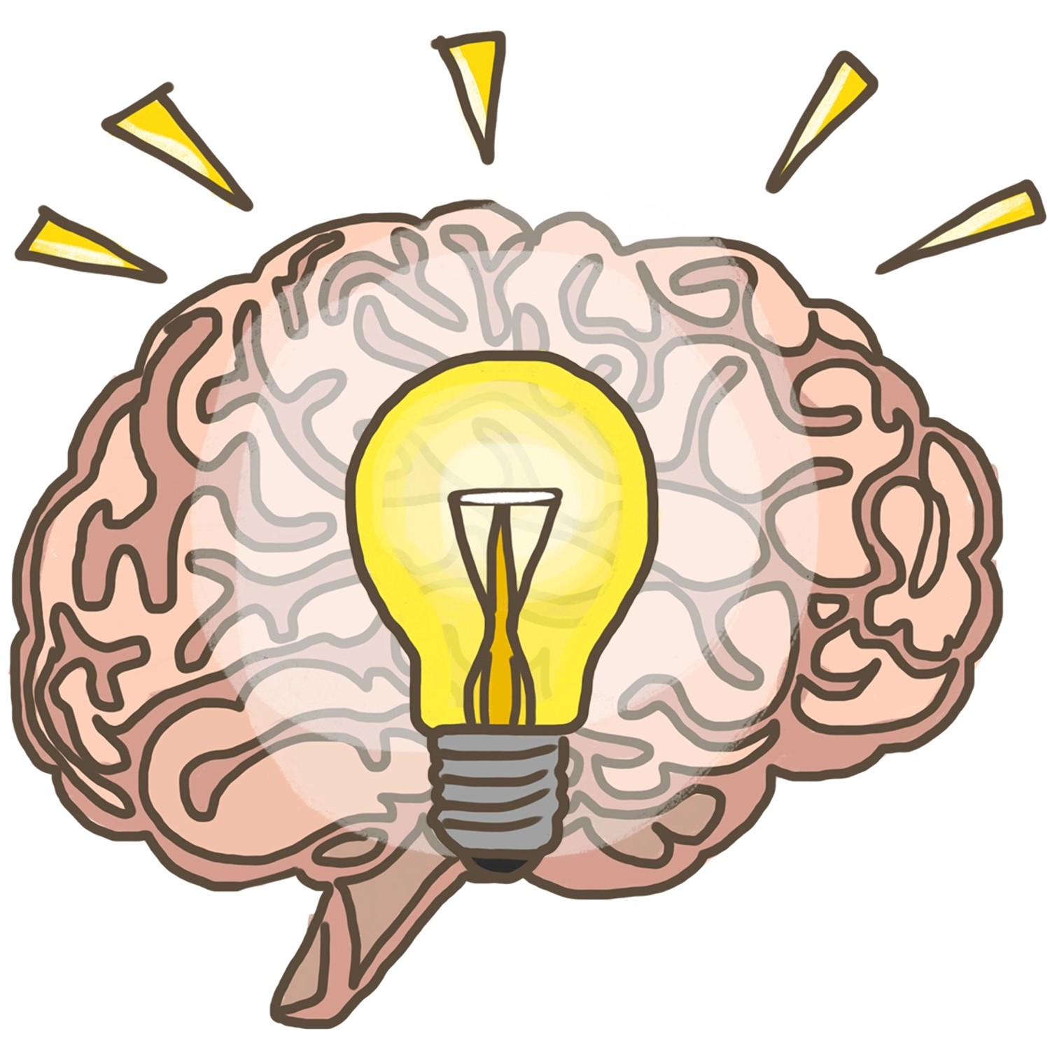 Illustration: Gehirn mit leuchtender Glühbirne, Symbol für Gedächtnis und Ideen.