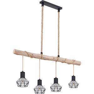 Schwarze 4-flammige Globo Pendelleuchte Priska mit Holz und Hanfseil.