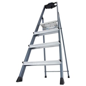 Krause Stehleiter Securo mit 4 Stufen, eloxiert, mit Ablagefläche und rutschfesten Stufen.