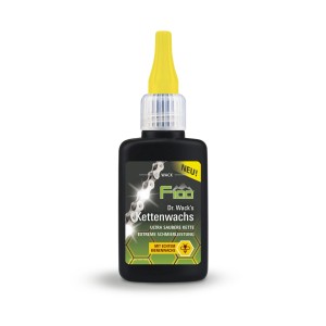 Schwarze Flasche F100 Dr. Wack's Kettenwachs mit gelbem Applikator für Fahrradpflege. Mit Bienenwachs für saubere Kette.
