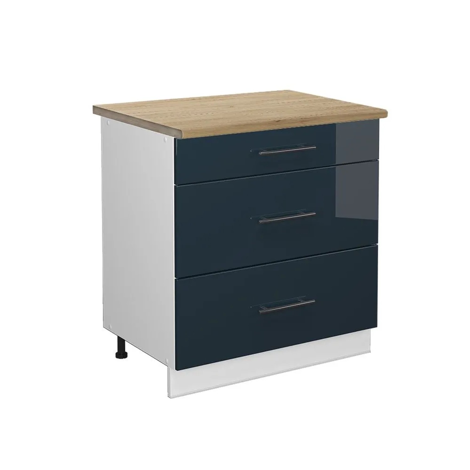 Vicco Küchenunterschrank Fame-Line DunkelBlau Hochglanz Weiß 80 cm mit 3 Schubladen AP Eiche