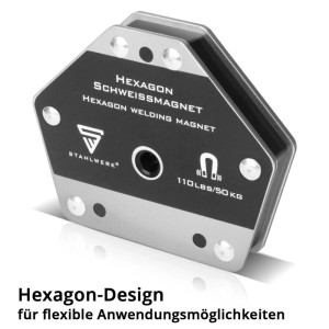 STAHLWERK Hexagon Schweißmagnet, schwarz-silber, 50 kg Haftkraft, flexibel für Werkstücke beim Schweißen.