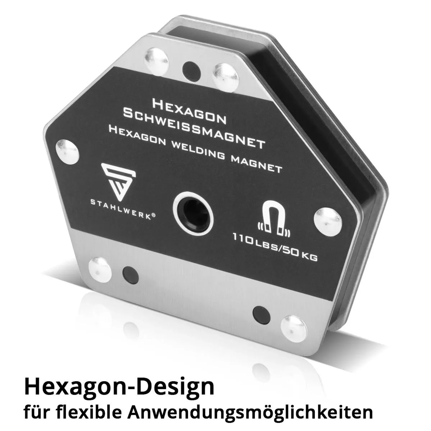STAHLWERK Hexagon Schweißmagnet, schwarz-silber, 50 kg Haftkraft, flexibel für Werkstücke beim Schweißen.