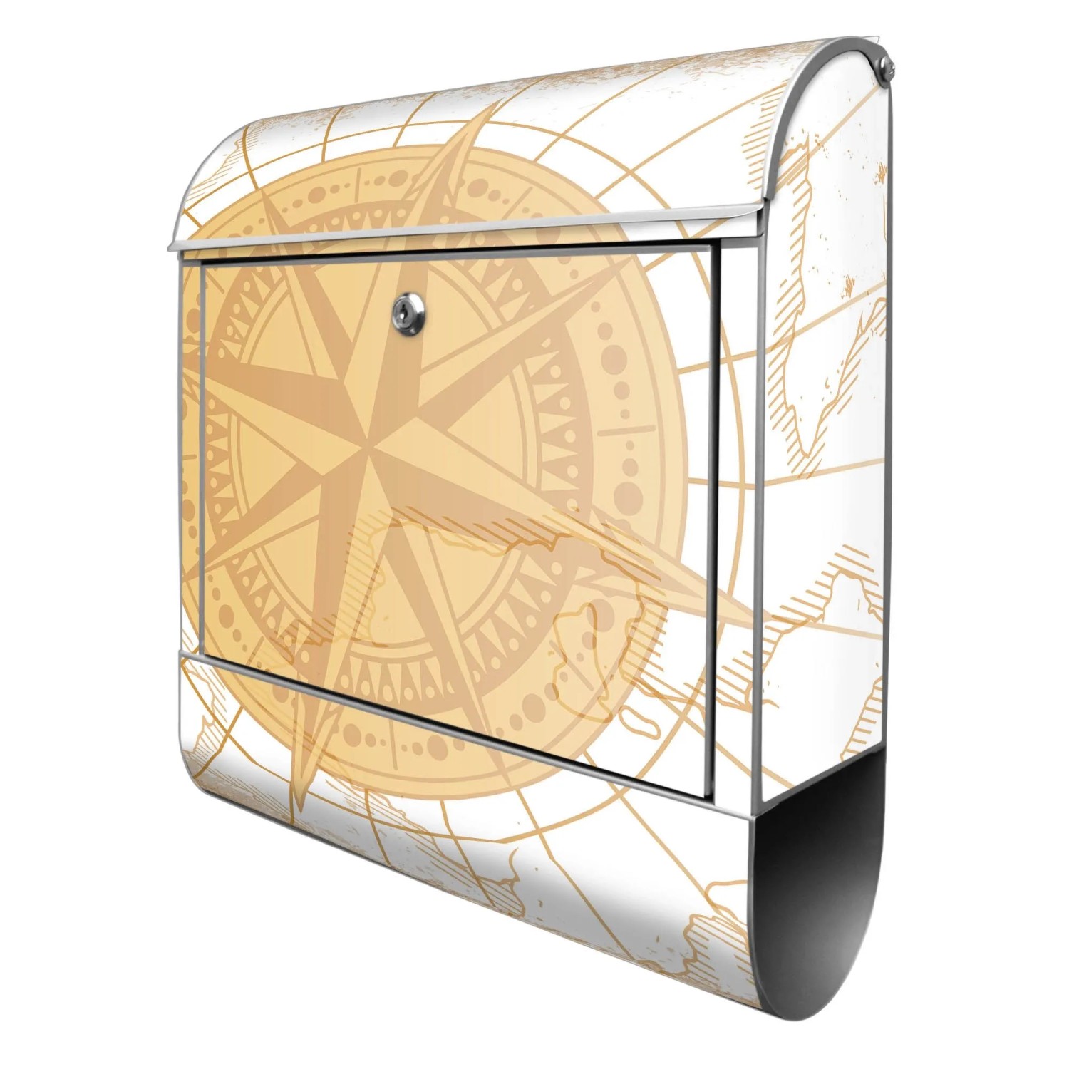 Banjado Design Briefkasten Silber Pulverbeschichtet 39x47x14cm 2 Schlüssel Mit Zeitungsfach Motiv Antike Kompassrose