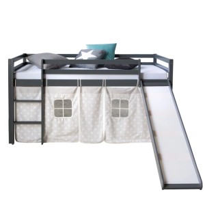 Graues Kinderhochbett 90x200 mit Leiter, Rutsche und Spielvorhang mit Sternenmuster. Ideal für Abenteuerbetten.