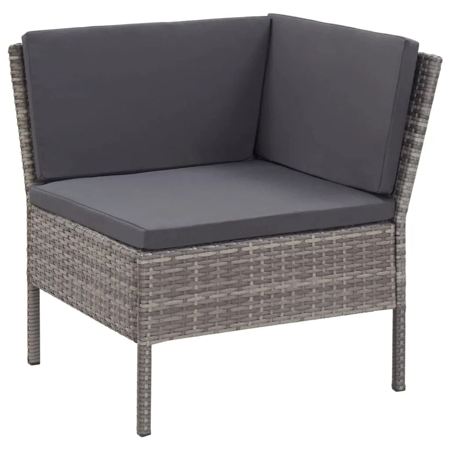 Graues vidaXL Gartenmöbel Ecksofa aus Rattan mit anthrazitfarbenen Auflagen.