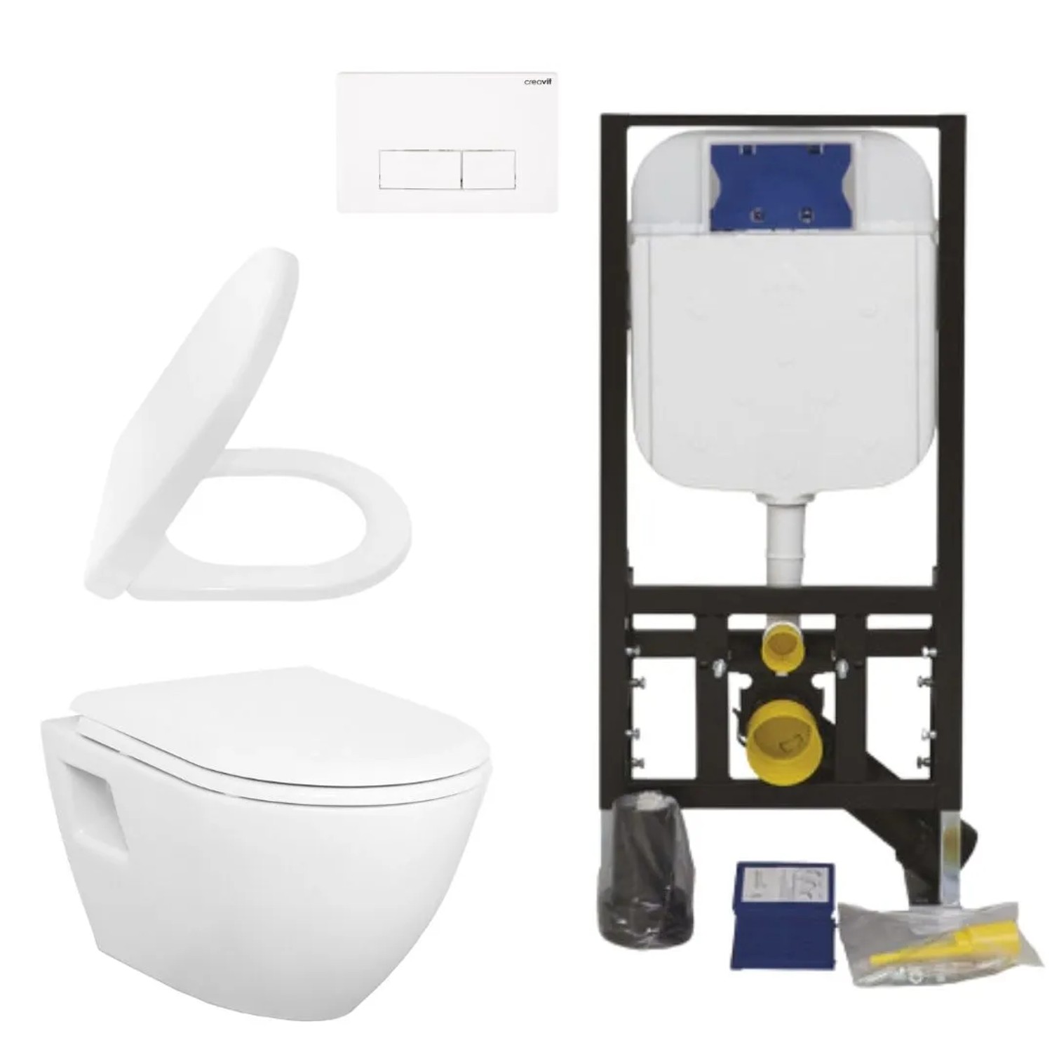 Creavit Hänge WC Set Weiß Keramik Wand WC mit Softclose Sitz und Unterputz Vorwandelement Spülkasten 3/6 L Komplettset