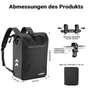 Wiltec Gepäckträgertasche Schwarz 25L Fahrradtasche Rucksack Gepäcktasche