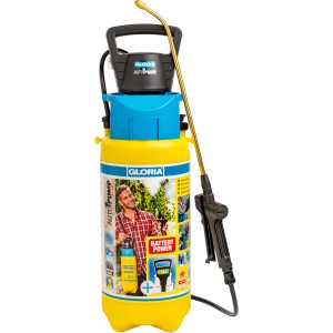 Gloria AutoPump Set, gelbes Drucksprühgerät mit Akku-Pumpe und Messing-Sprühlanze.