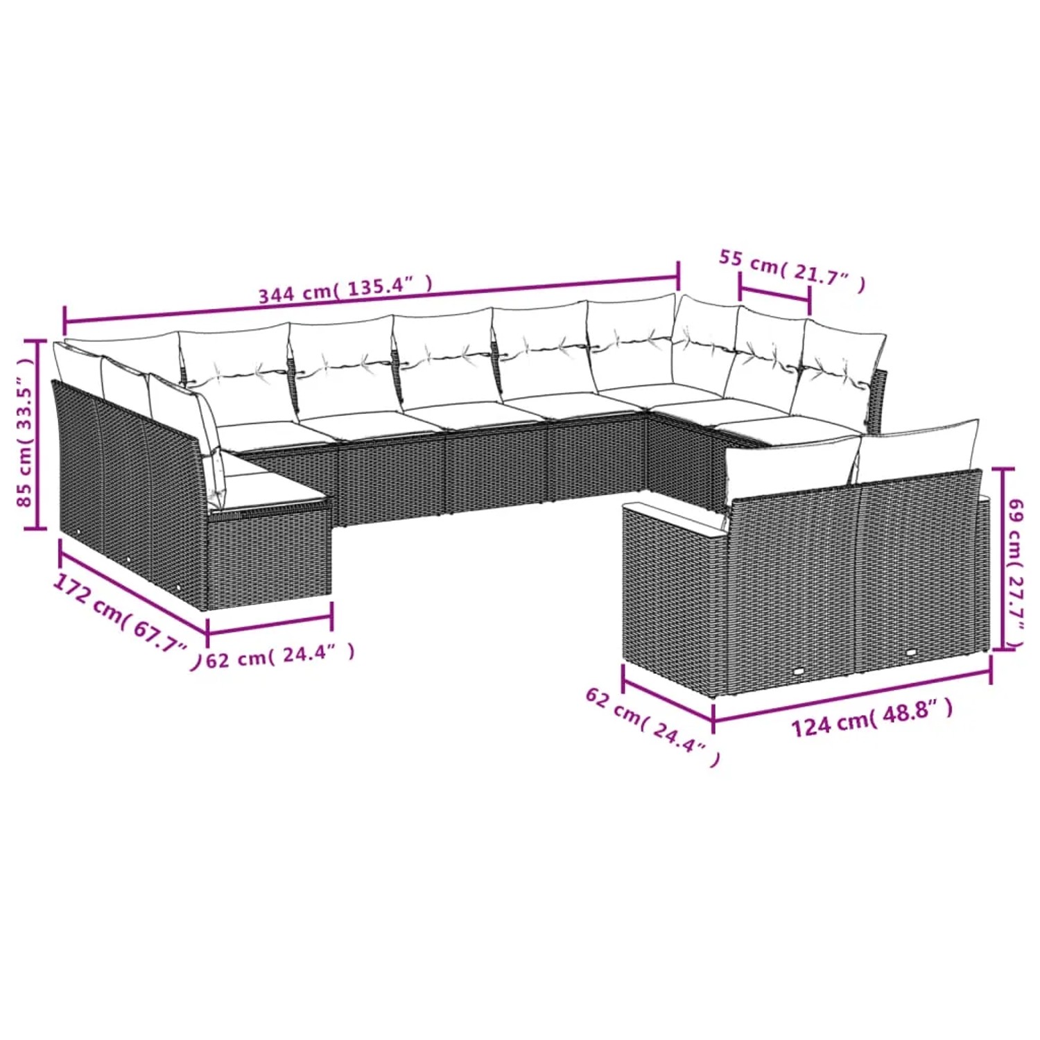 vidaXL Garten-Sofagarnitur, 12-teilig, grau, Poly Rattan, mit Maßen. Ideal für Terrasse & Garten.