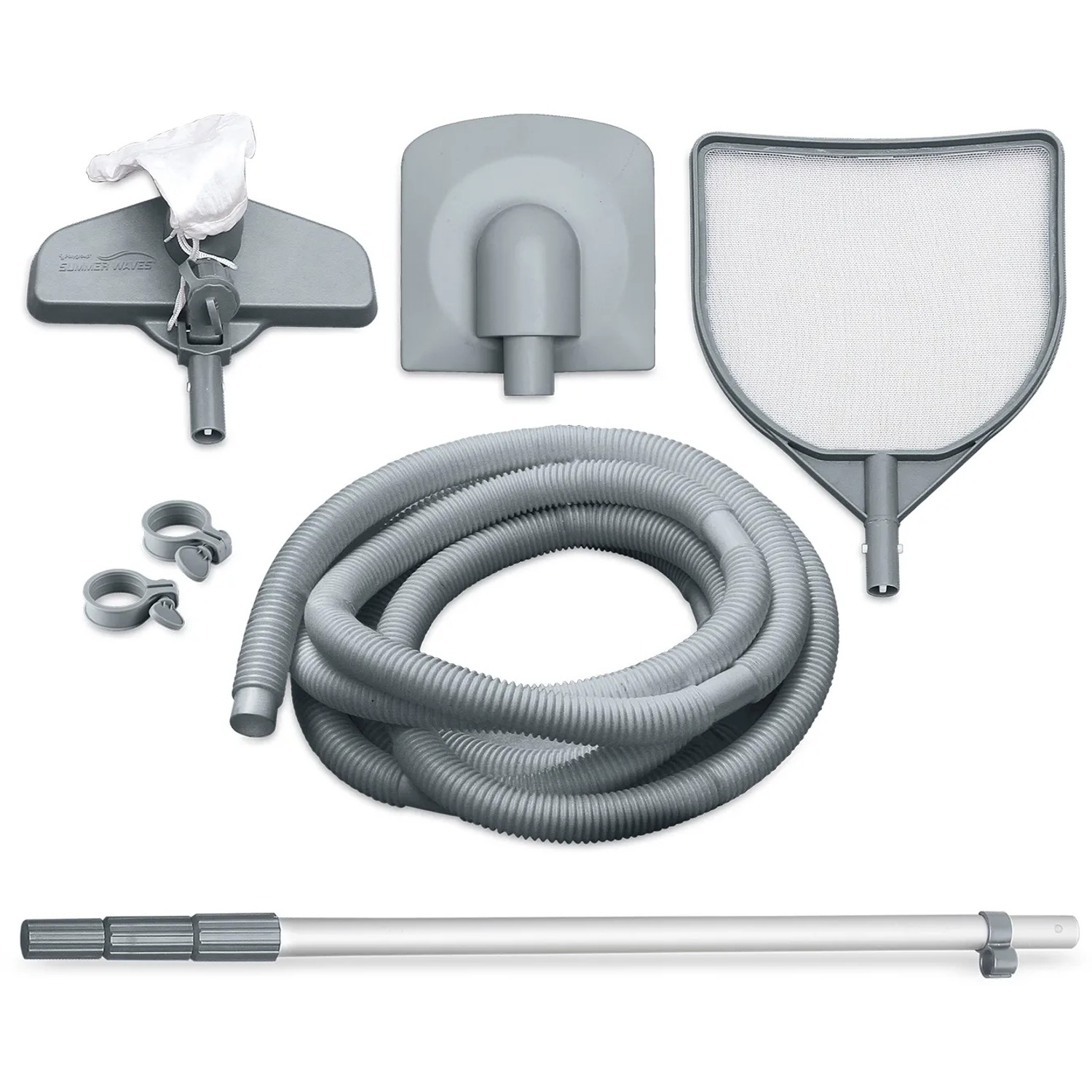 Deluxe Reinigungsset für Summer Waves Pool: Kescher, Bürste, Schlauch und Teleskopstange.