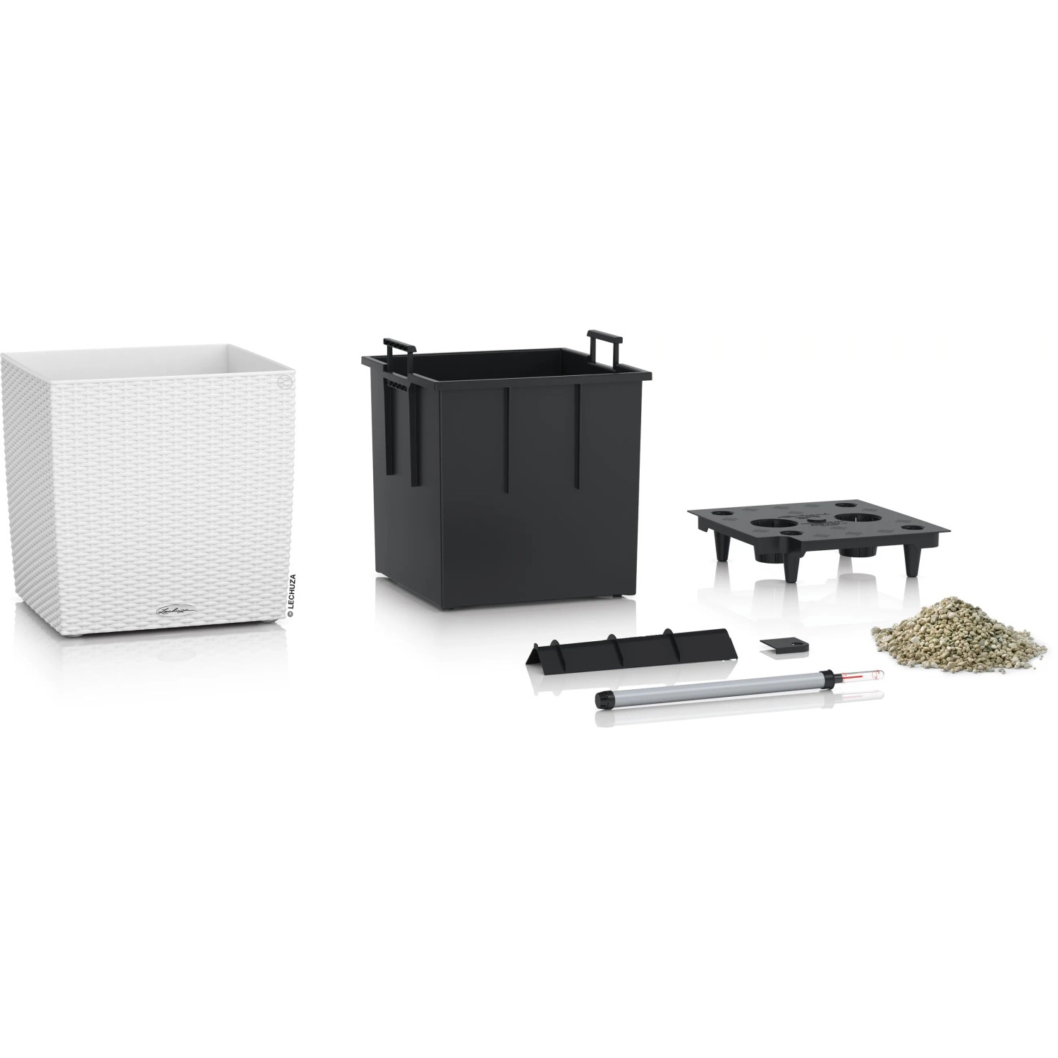 Lechuza Cube Cottage Pflanzgefäß, 30x30x30 cm, Weiß, mit Zubehör und Pflanzeinsatz.
